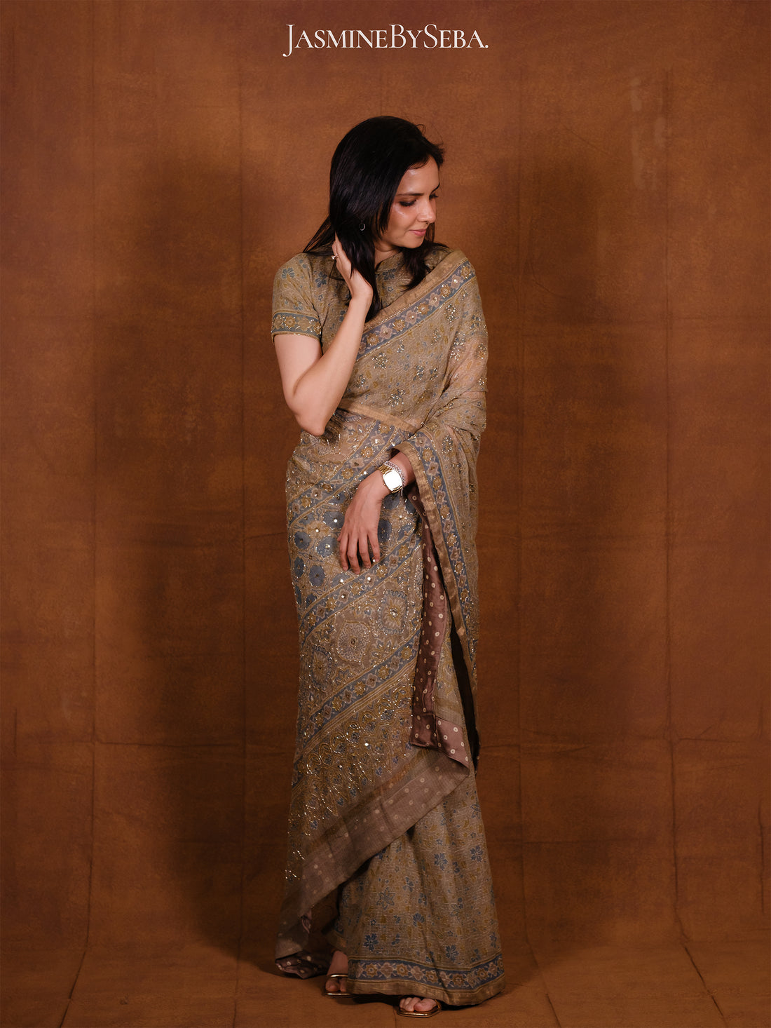 Ajrakh pure kota doria hand dyed, hand block printed and handworked saree