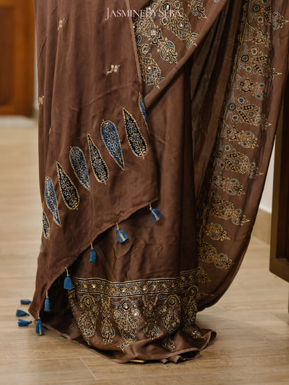 Bespoke ‘Jasmine’ hand printed 
Ajrakh pure modal silk hand dyed, hand block printed and handworked saree