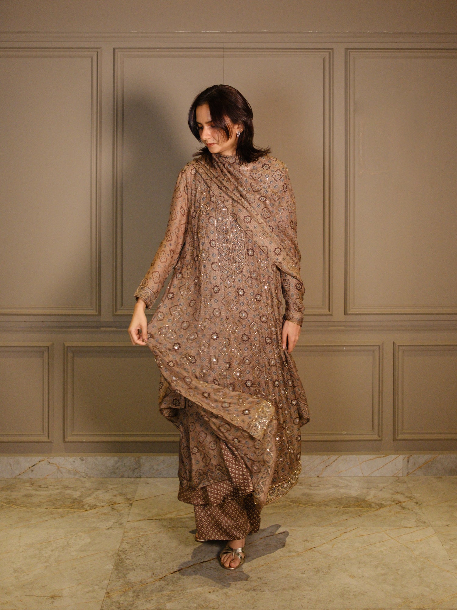 Ajrakh hand dyed hand block printed kota silk jacket set with cut bead handwork