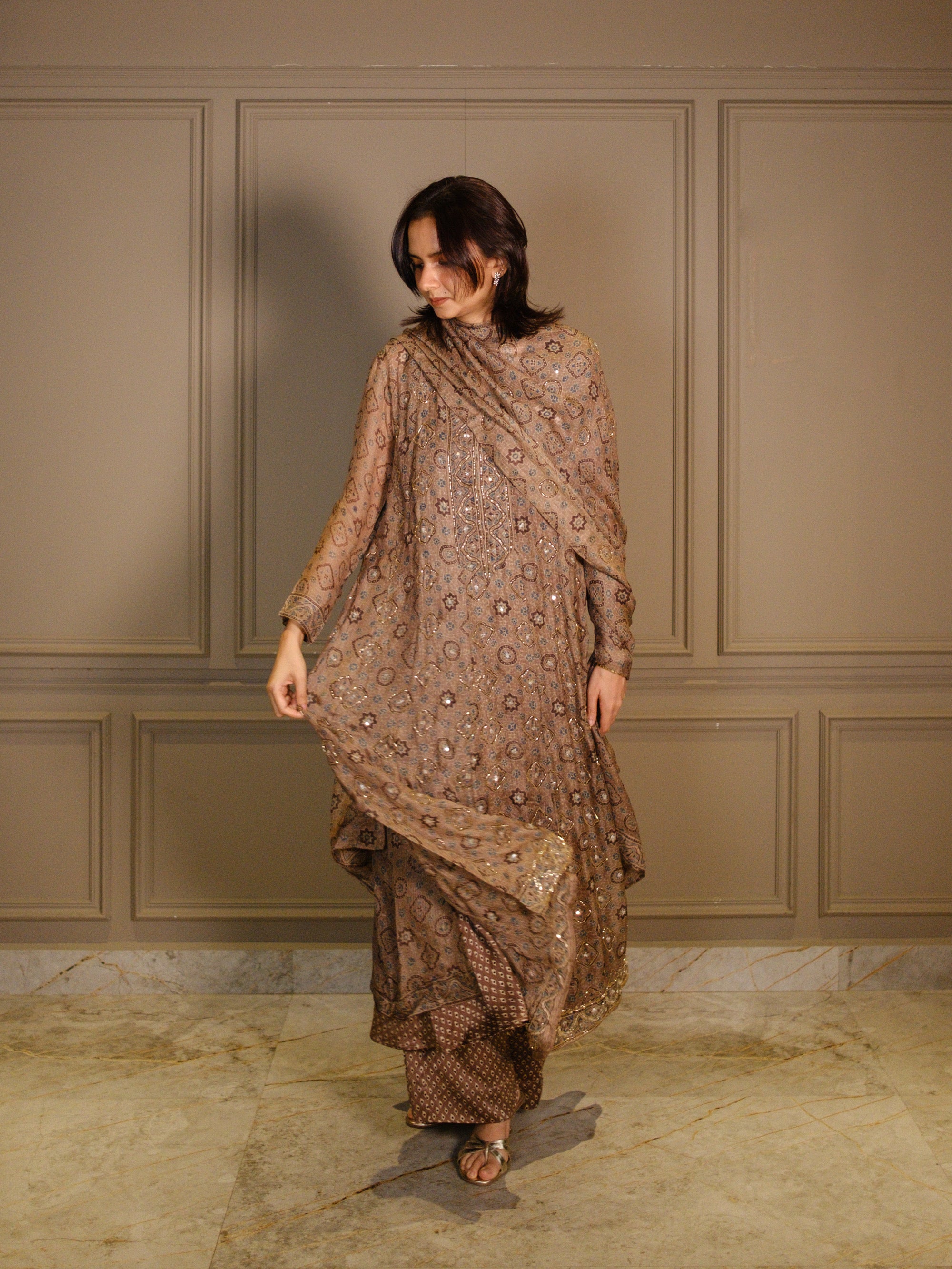 Ajrakh hand dyed hand block printed kota silk jacket set with cut bead handwork