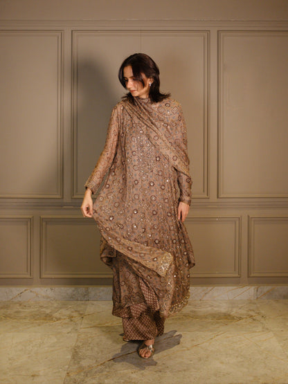 Ajrakh hand dyed hand block printed kota silk jacket set with cut bead handwork