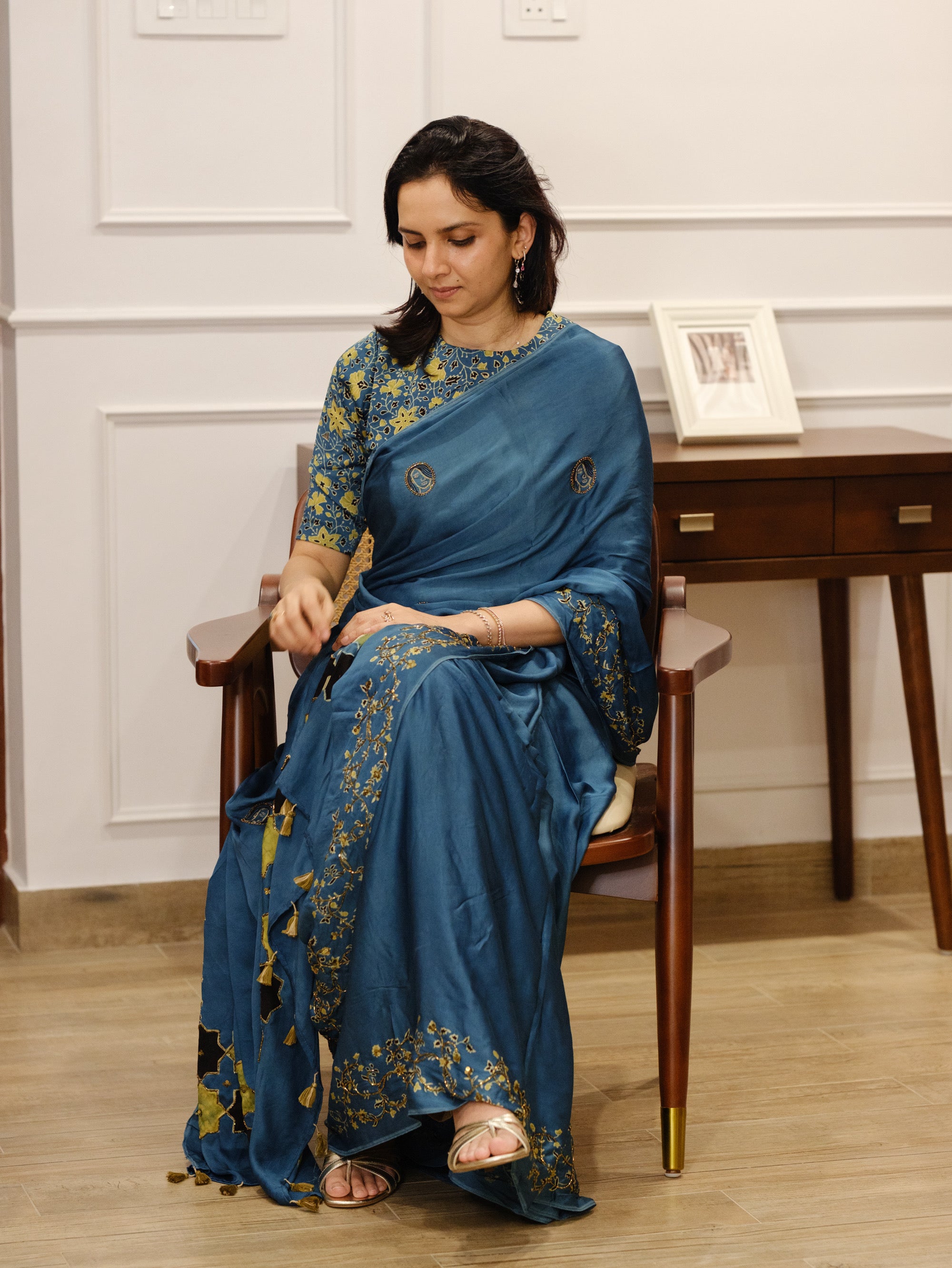 Ajrakh pure modal silk hand dyed, hand block printed and handworked saree