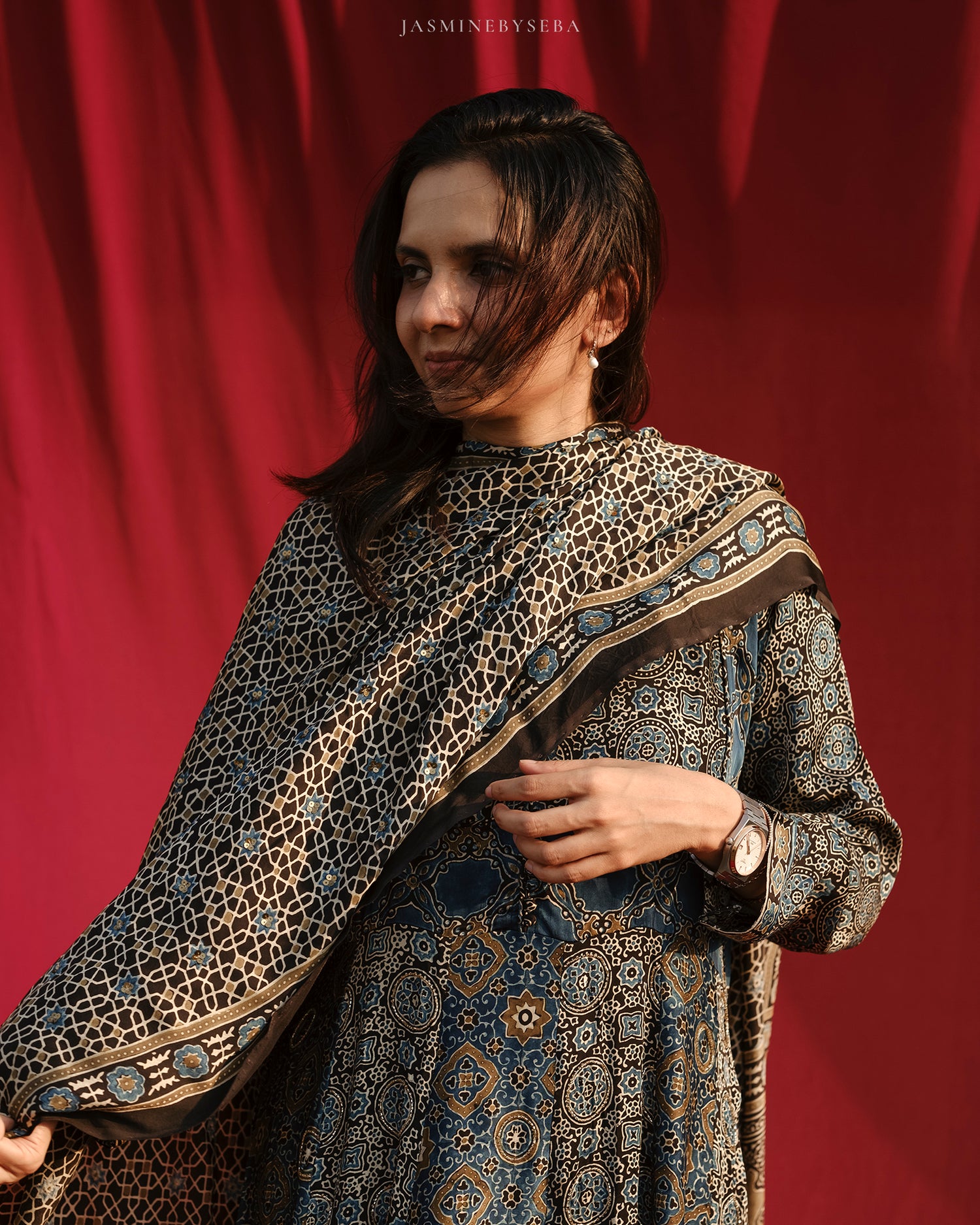 Ajrakh hand dyed hand block printed modal silk panel cut anarkali set with cut bead handwork