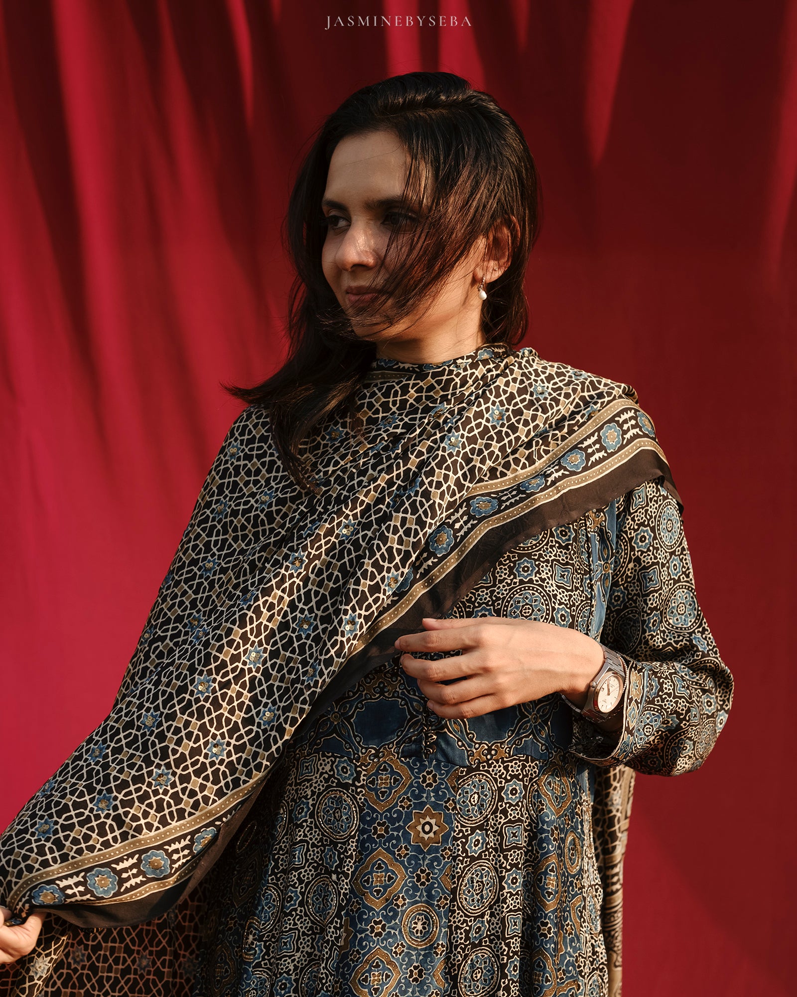 Ajrakh hand dyed hand block printed modal silk panel cut anarkali set with cut bead handwork