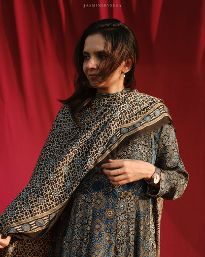 Ajrakh hand dyed hand block printed modal silk panel cut anarkali set with cut bead handwork