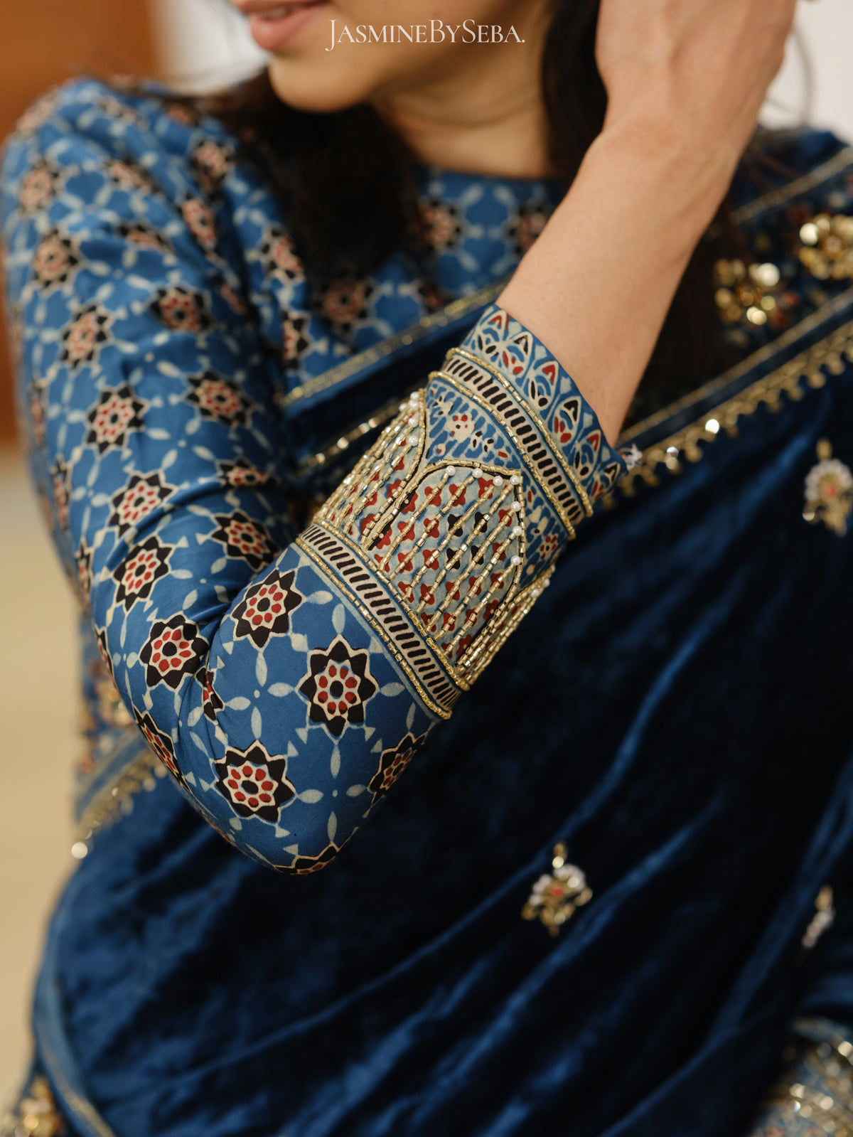 Ajrakh pure velvet silk hand dyed, hand block printed and handworked saree