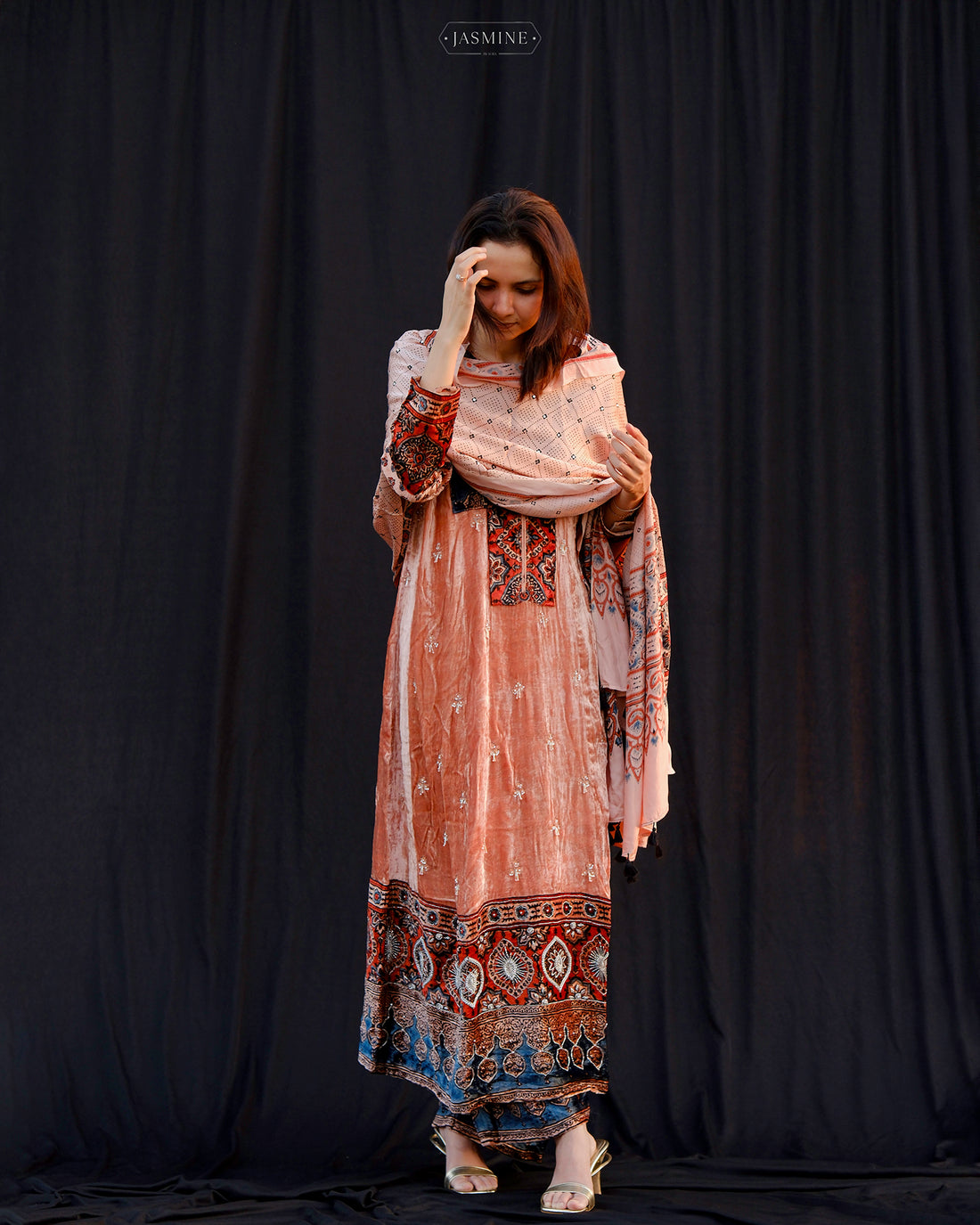 Ajrakh hand block printed velvet silk panel line salwar set with cutbead handwork