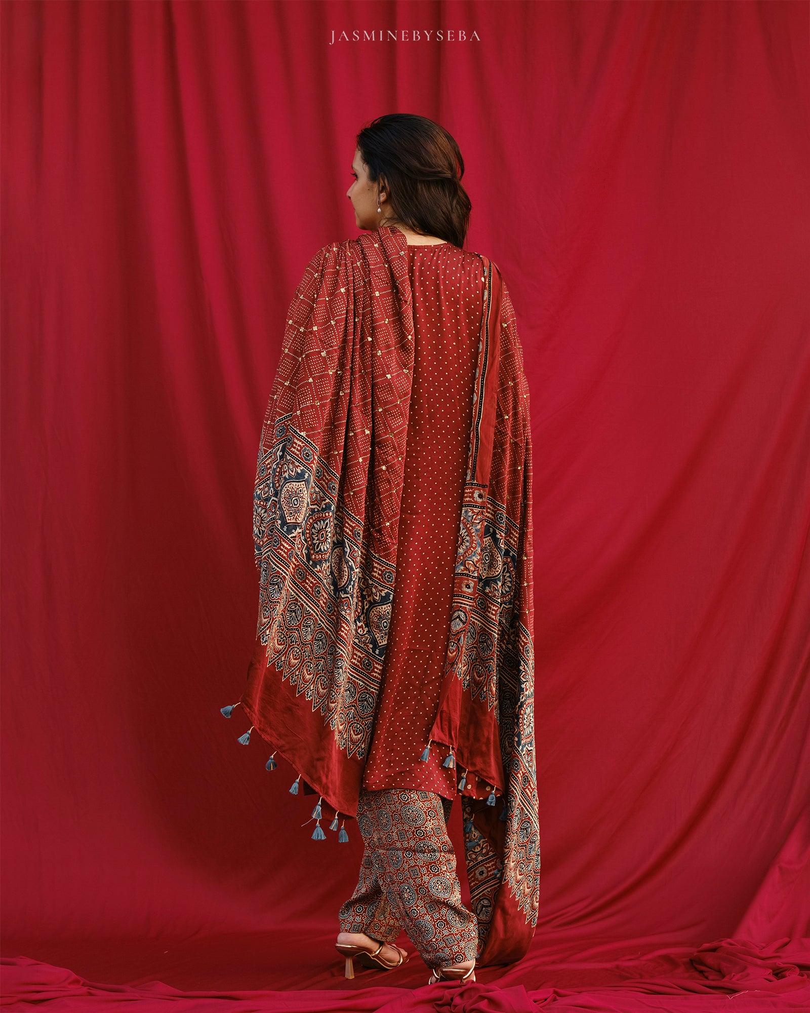 Ajrakh hand dyed hand block printed modal silk panel cut salwar set with cut bead handwork