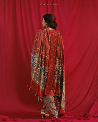 Ajrakh hand dyed hand block printed modal silk panel cut salwar set with cut bead handwork