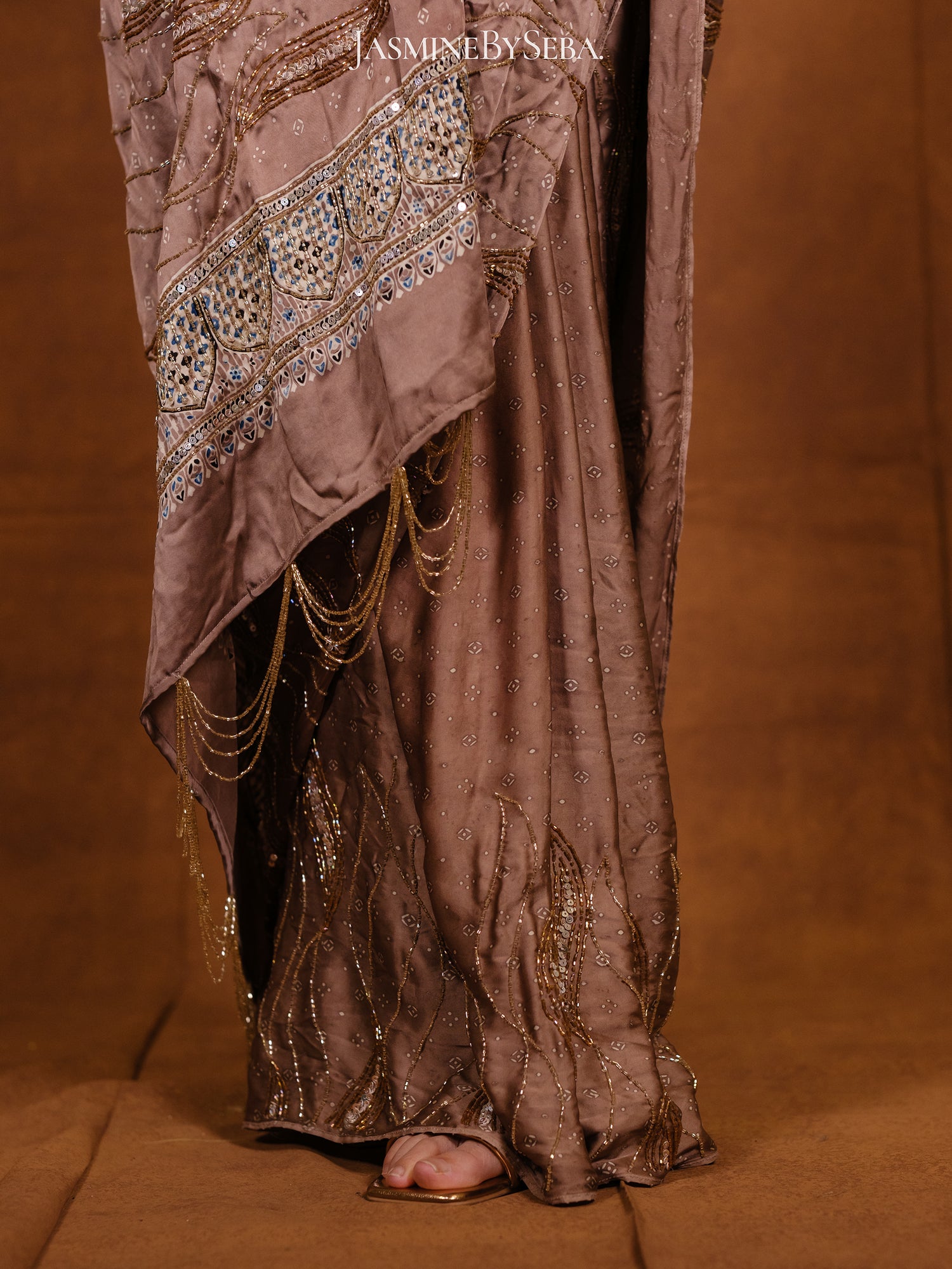 Ajrakh pure modal silk hand dyed, hand block printed and handworked saree