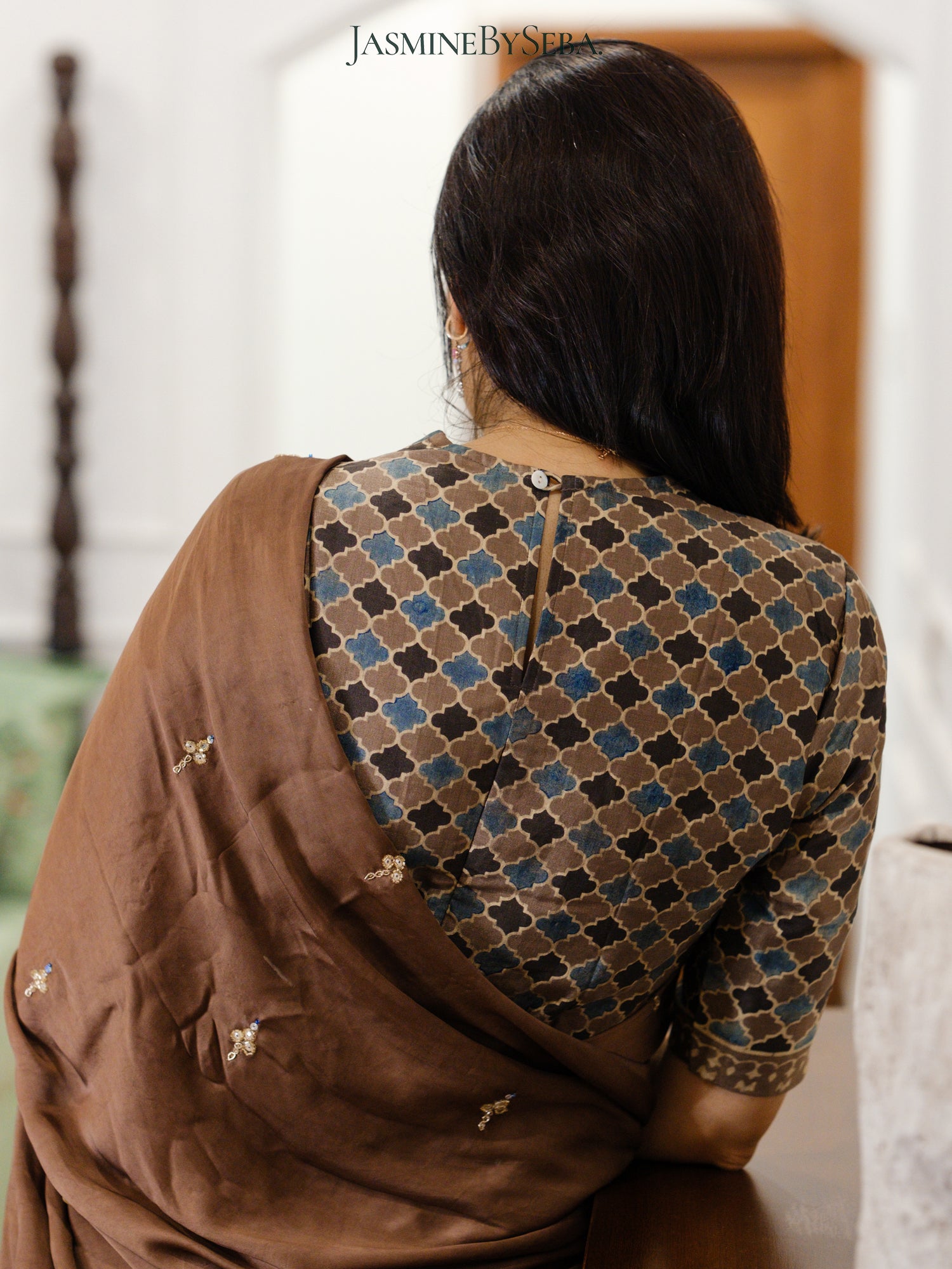 Bespoke ‘Jasmine’ hand printed 
Ajrakh pure modal silk hand dyed, hand block printed and handworked saree