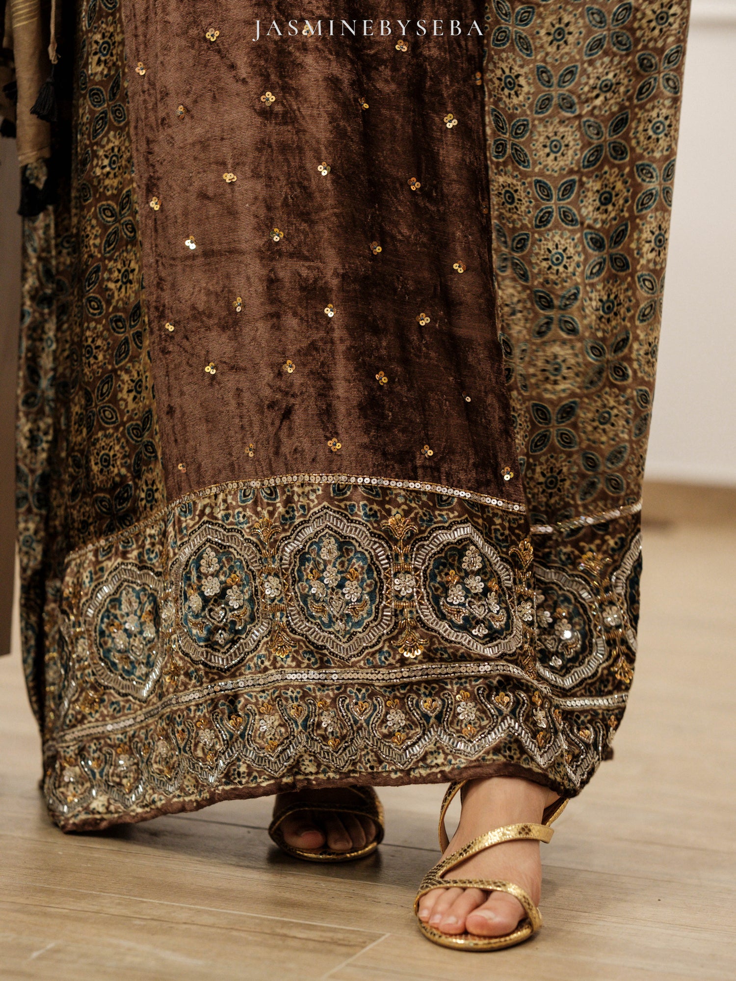 Ajrakh hand dyed hand block printed velvet silk salwar set with hand embroidry