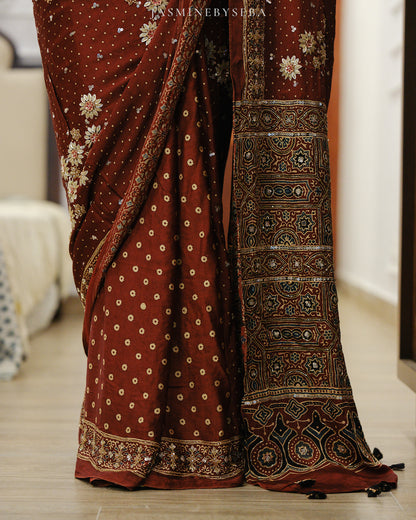 Ajrakh pure modal silk hand dyed, hand block printed and handworked saree