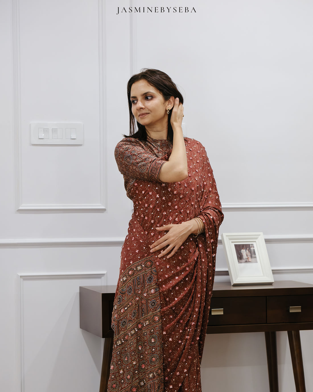 Ajrakh pure handloom gajji silk hand dyed, hand block printed and handworked saree