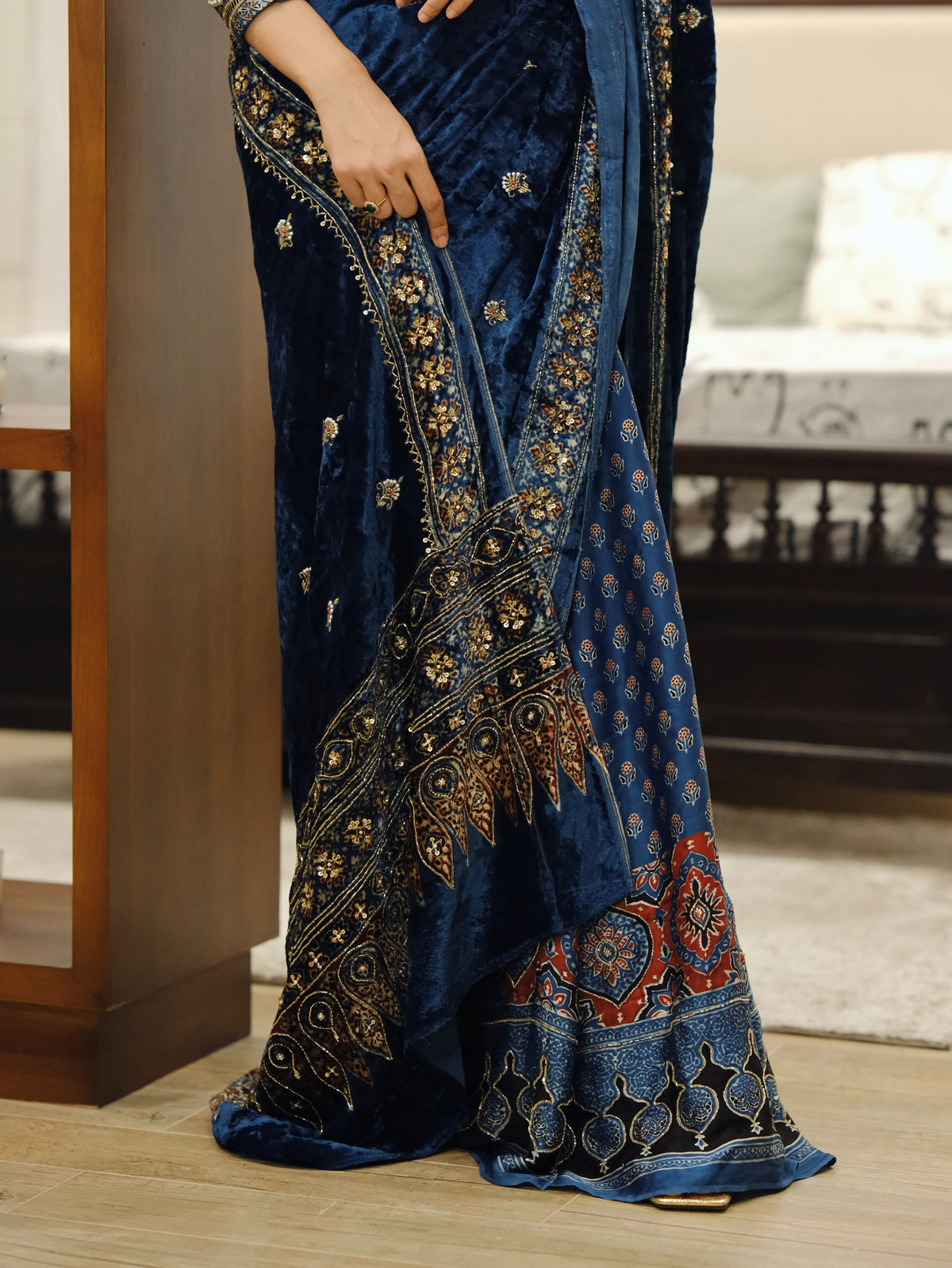 Ajrakh pure velvet silk hand dyed, hand block printed and handworked saree
