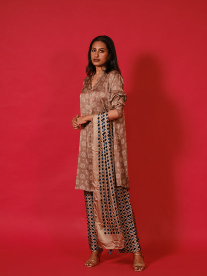 Ajrakh hand dyed hand block printed modal silk coord set