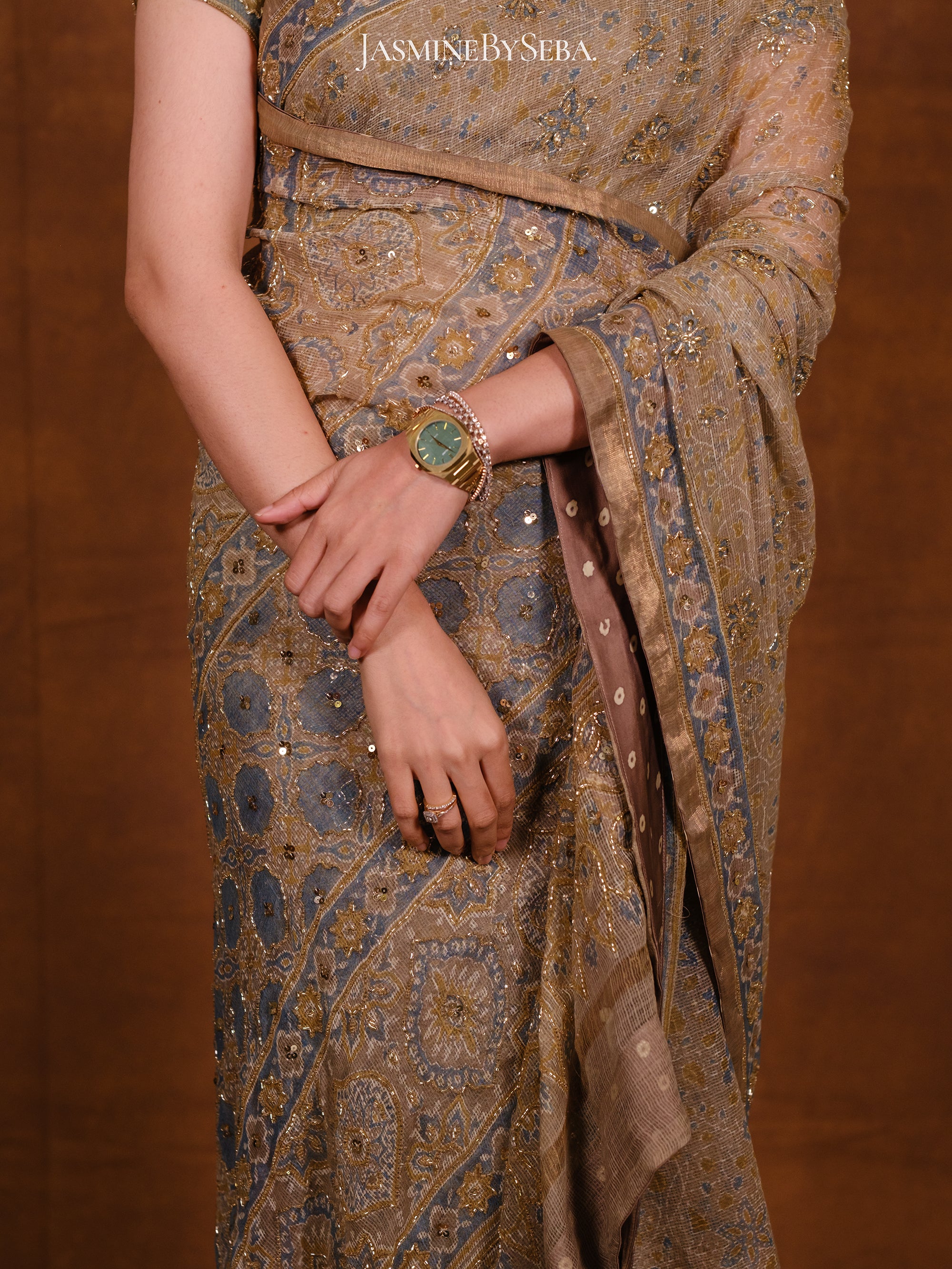 Ajrakh pure kota doria hand dyed, hand block printed and handworked saree