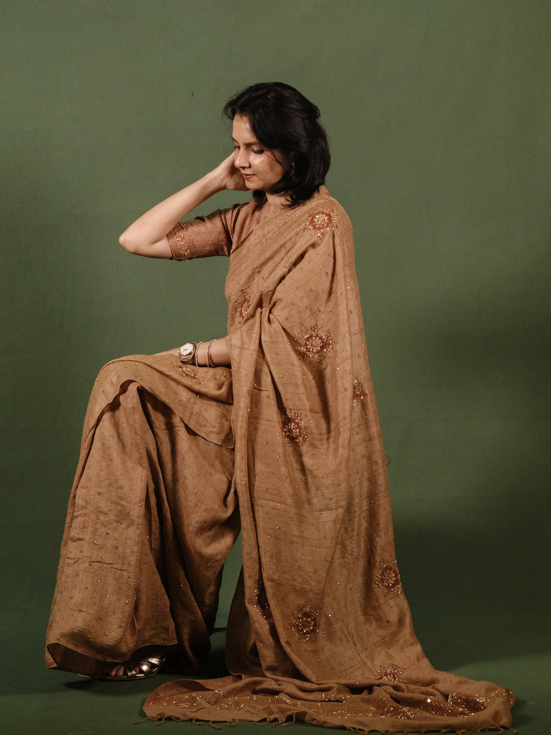 Ajrakh pure handloom tussar silk hand dyed, hand block printed and handworked saree