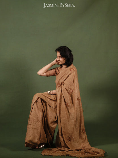 Ajrakh pure handloom tussar silk hand dyed, hand block printed and handworked saree