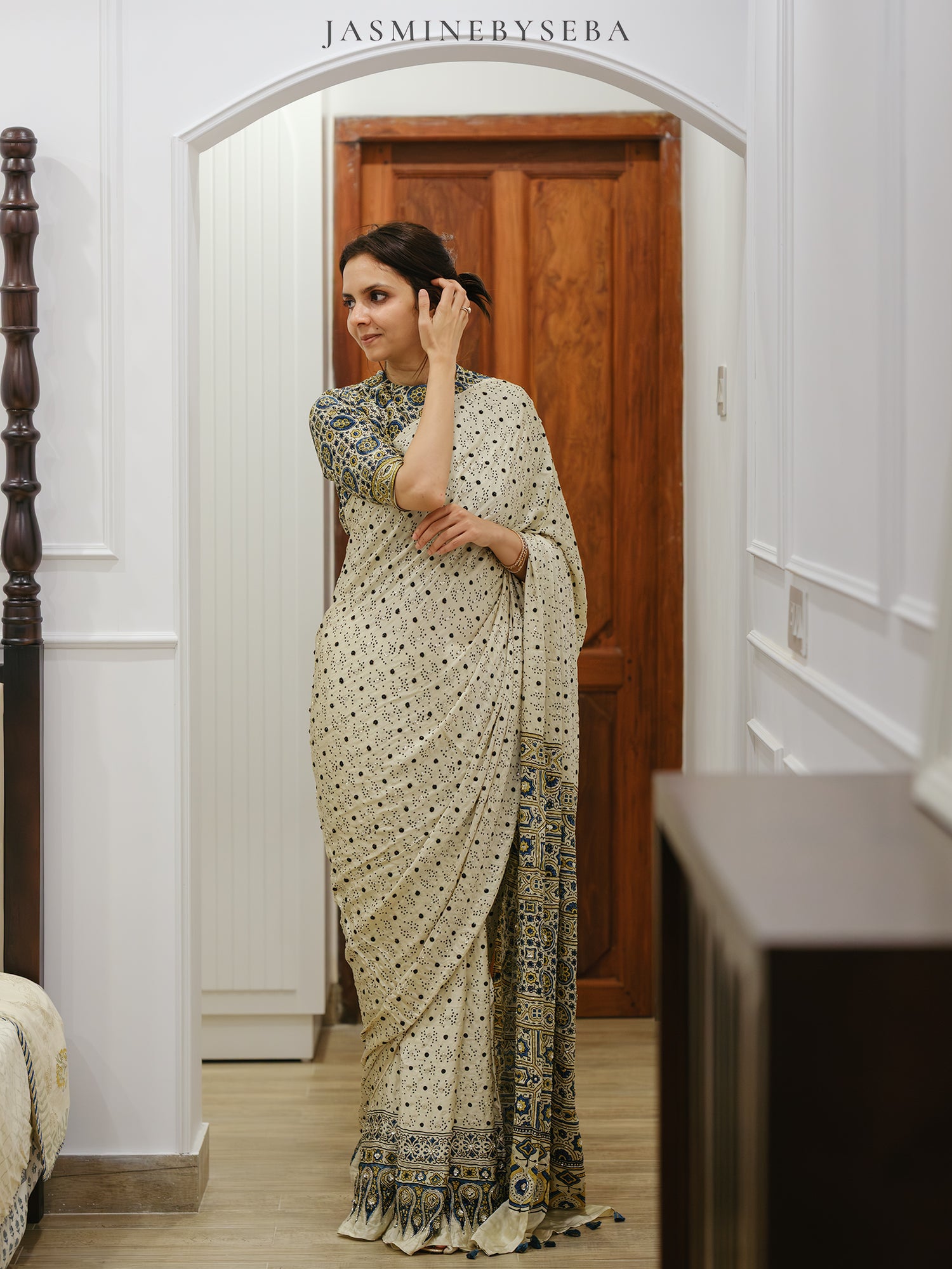 Ajrakh pure modal silk hand dyed, hand block printed and handworked saree