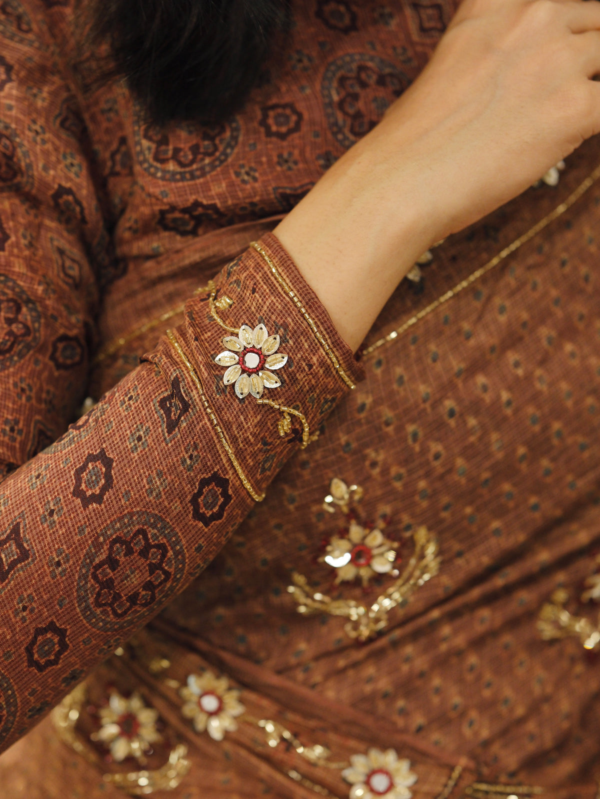 Ajrakh pure kota silk hand dyed, hand block printed and handworked saree