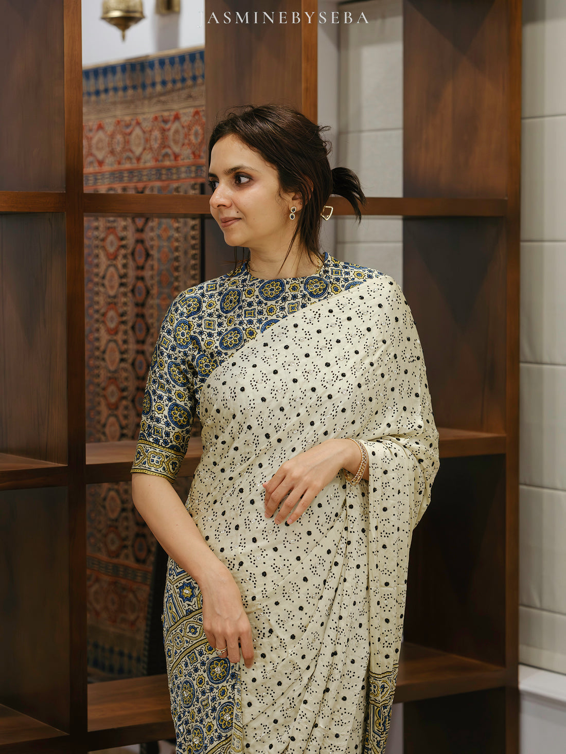 Ajrakh pure modal silk hand dyed, hand block printed and handworked saree