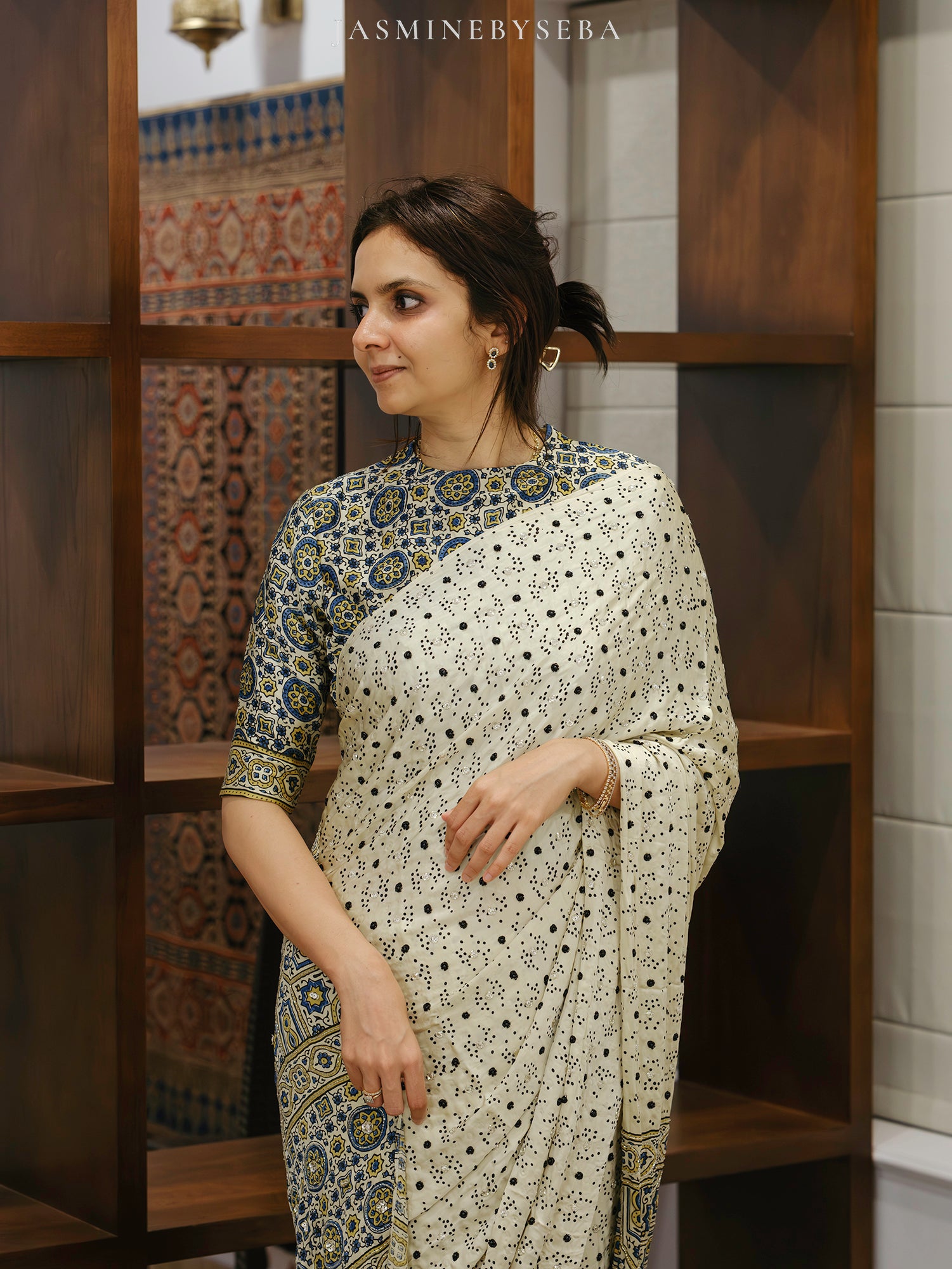 Ajrakh pure modal silk hand dyed, hand block printed and handworked saree