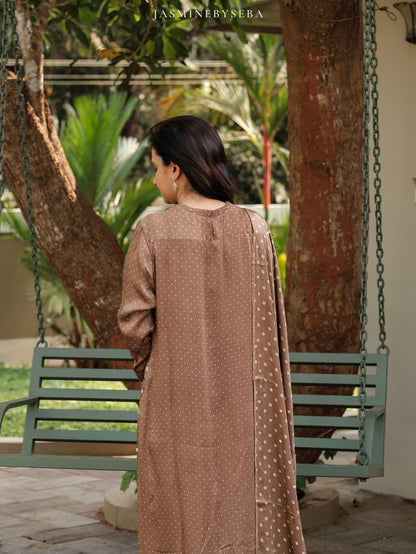 Ajrakh hand dyed hand block printed modal silk panel cut salwar set with cut bead handwork