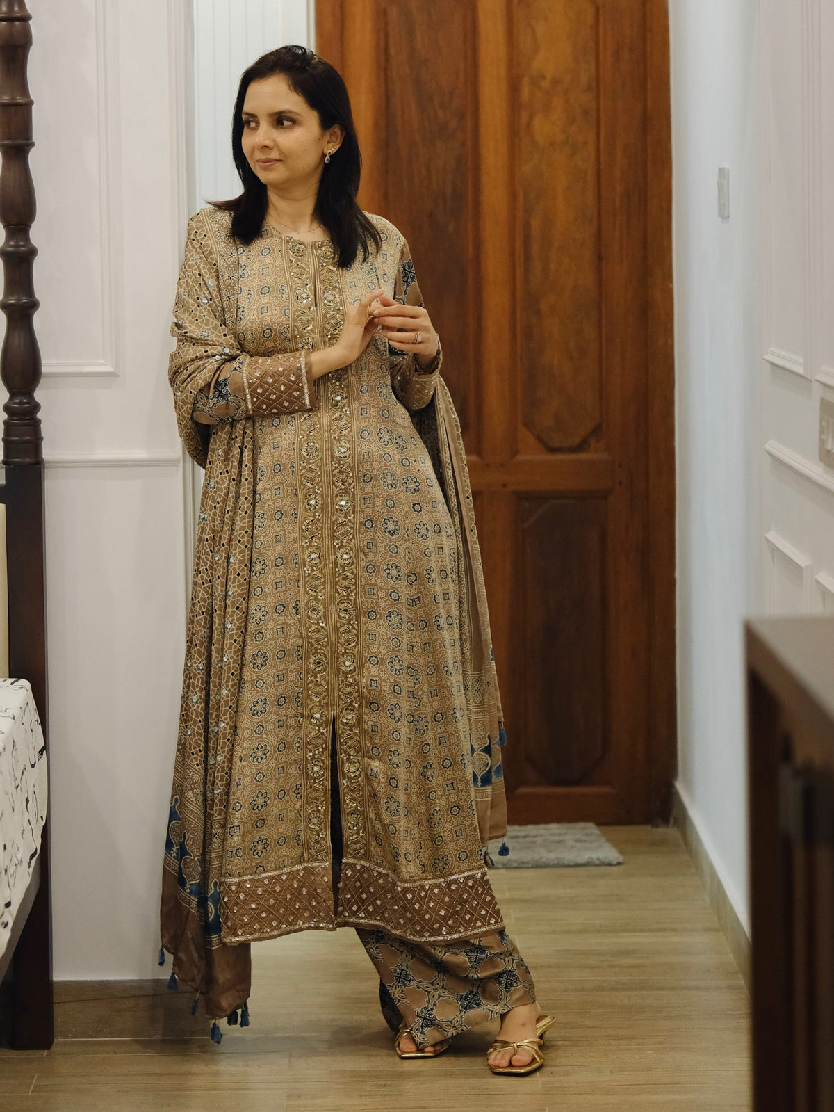 Ajrakh hand dyed hand block printed modal silk panel cut salwar set with cut bead handwork