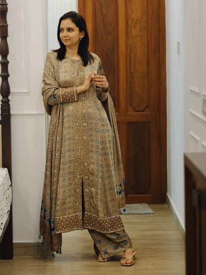 Ajrakh hand dyed hand block printed modal silk panel cut salwar set with cut bead handwork