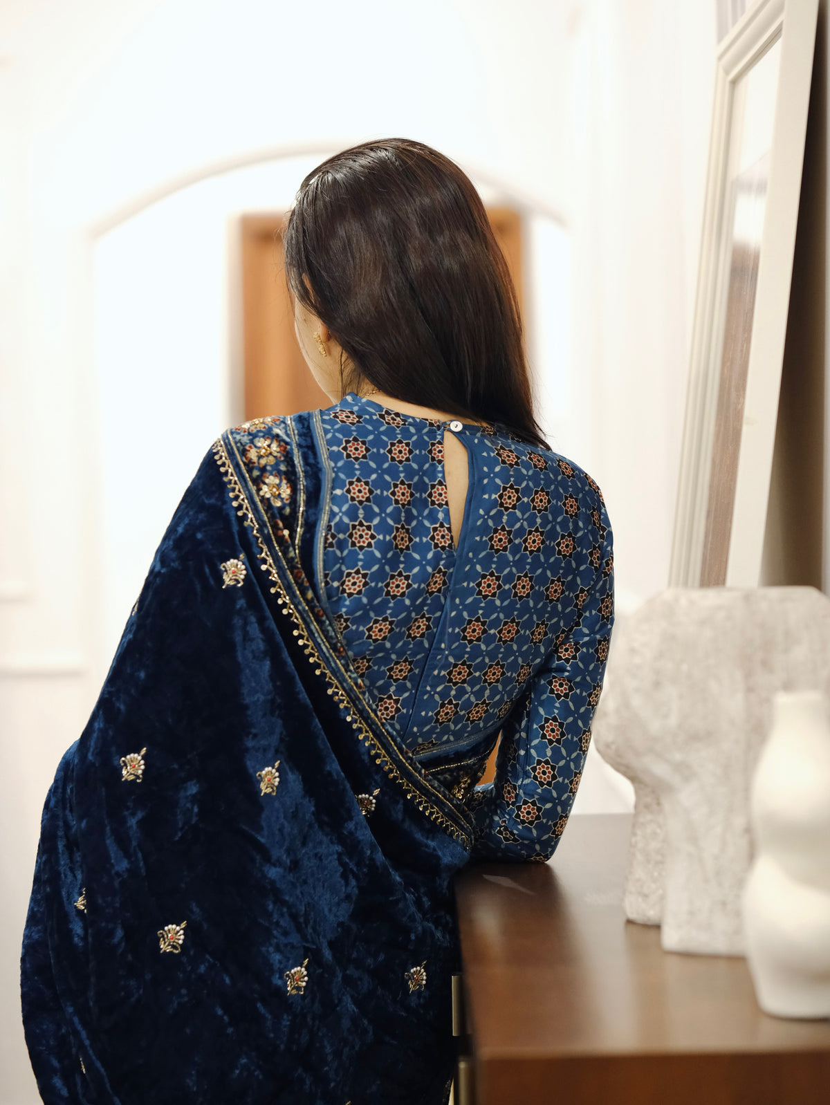 Ajrakh pure velvet silk hand dyed, hand block printed and handworked saree