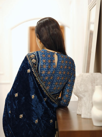 Ajrakh pure velvet silk hand dyed, hand block printed and handworked saree
