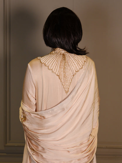 Ajrakh hand dyed hand block printed modal silk panel cut salwar set with cut bead handwork
