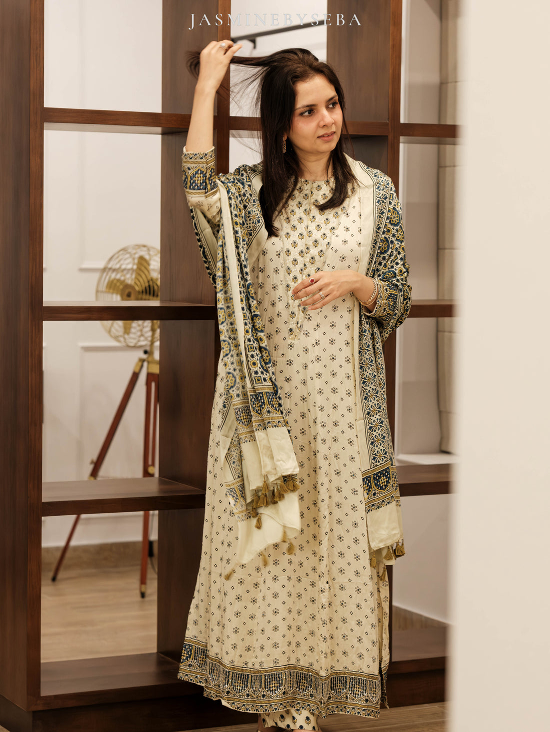 Ajrakh hand dyed hand block printed modal silk panel cut salwar set with cut bead handwork