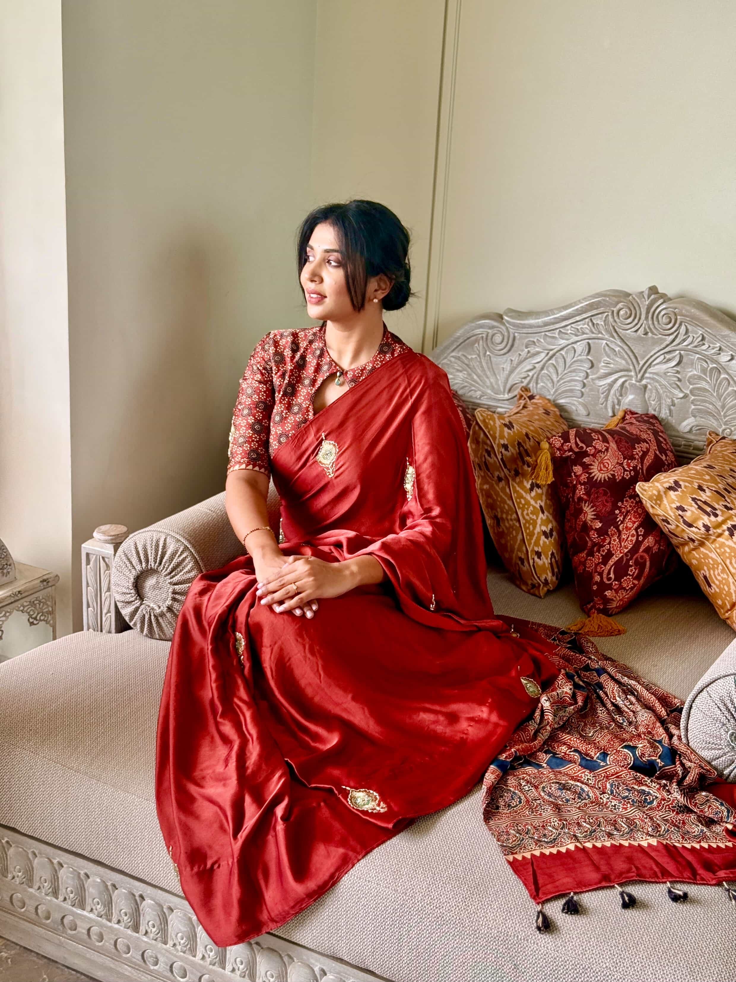 Ajrakh modal silk handworked saree with modal silk handworked dupatta