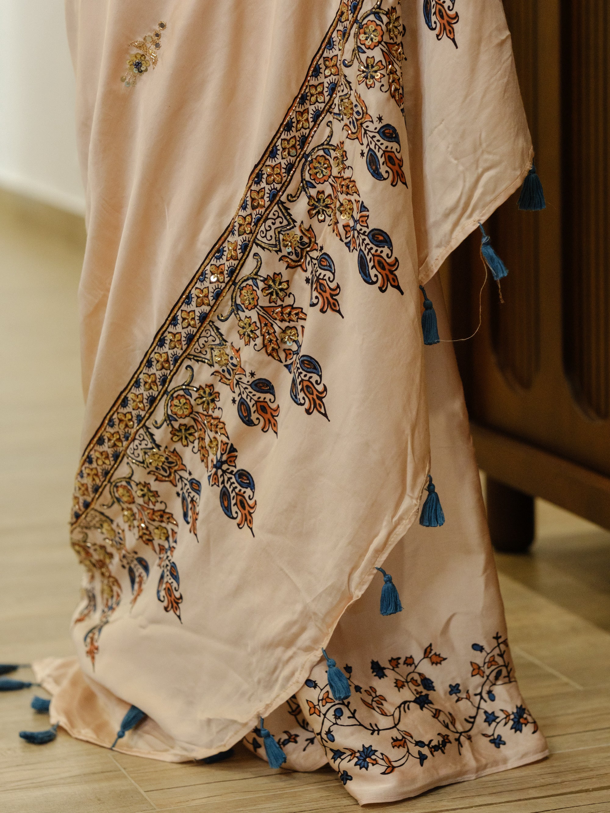 Ajrakh pure modal silk hand dyed, hand block printed and handworked saree