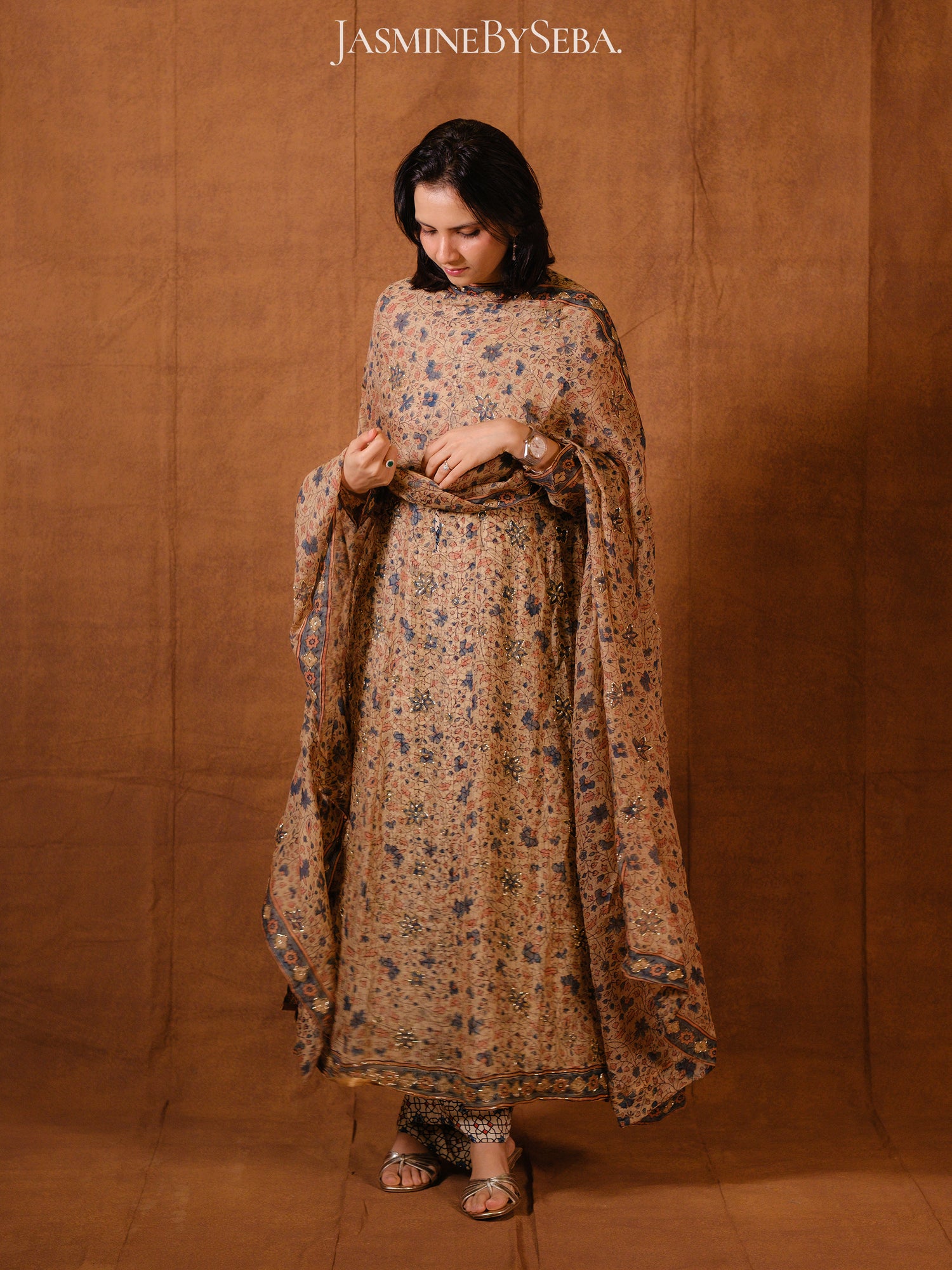 Ajrakh hand dyed hand block printed kota silk jacket set with cut bead handwork