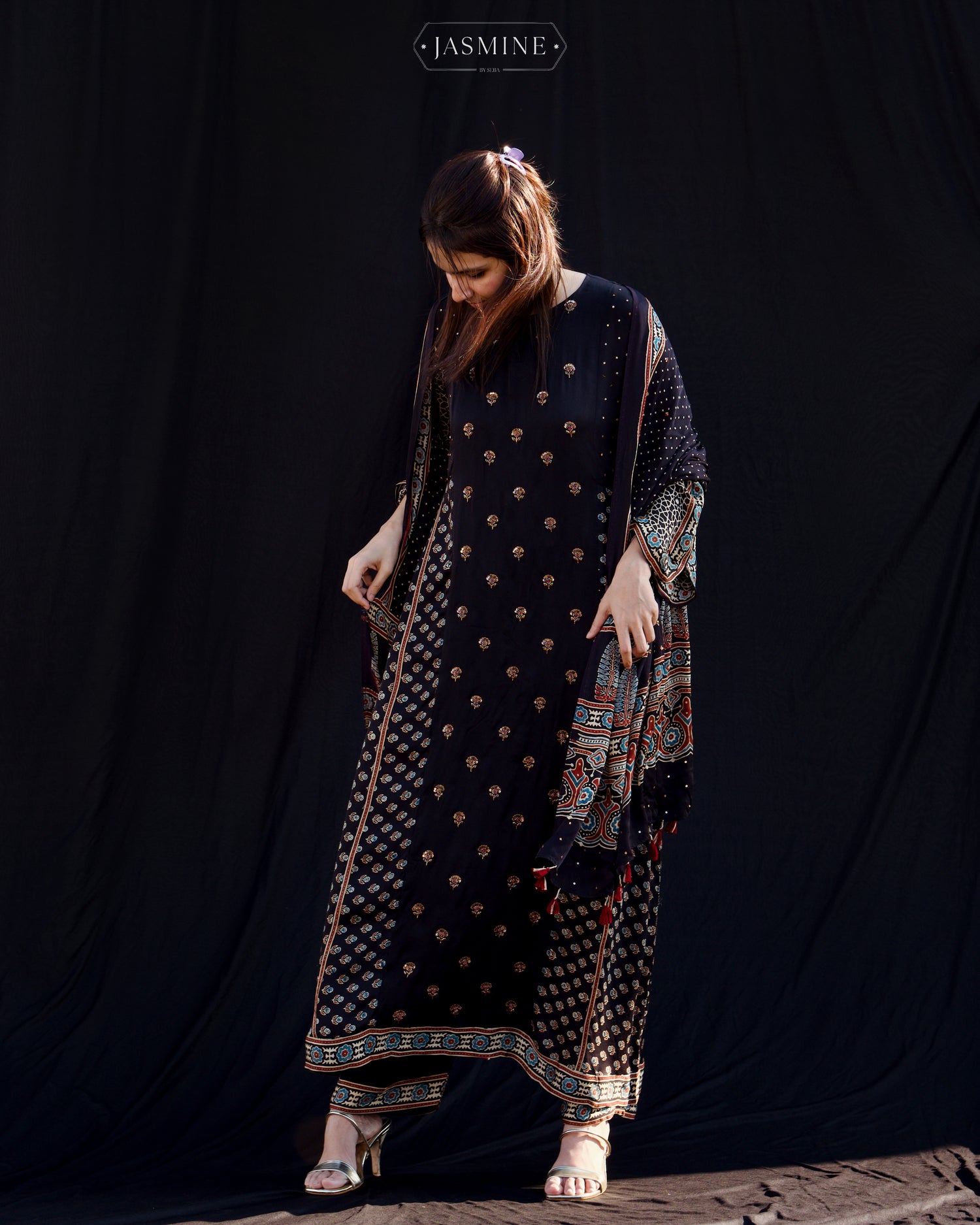 Ajrakh hand block printed modal silk A line salwar set with zardosi handwork
