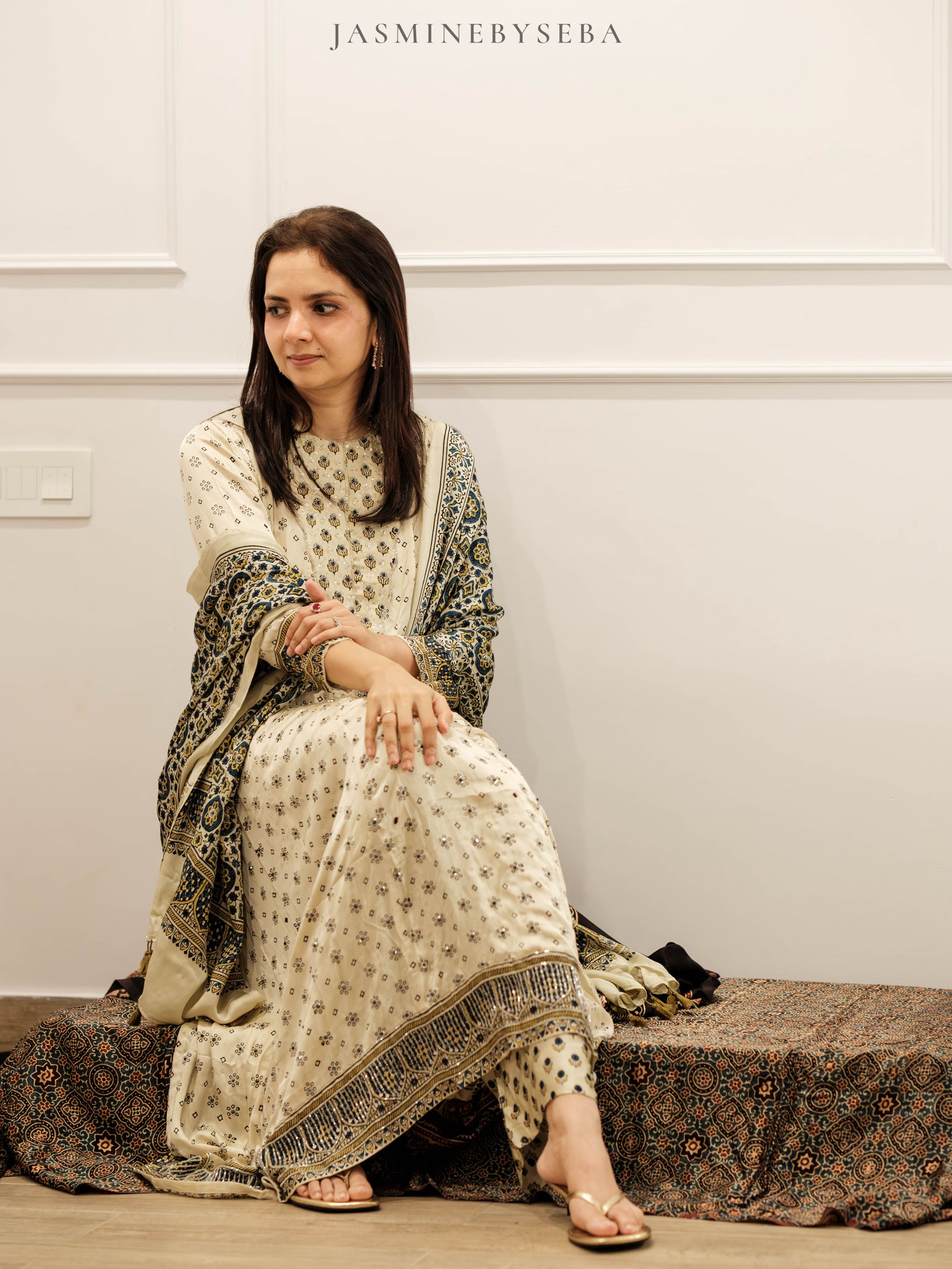 Ajrakh hand dyed hand block printed modal silk panel cut salwar set with cut bead handwork