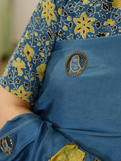 Ajrakh pure modal silk hand dyed, hand block printed and handworked saree