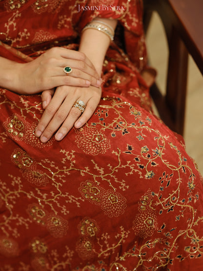 Ajrakh bridal pure handloom gajji silk hand dyed, hand block printed and handworked saree