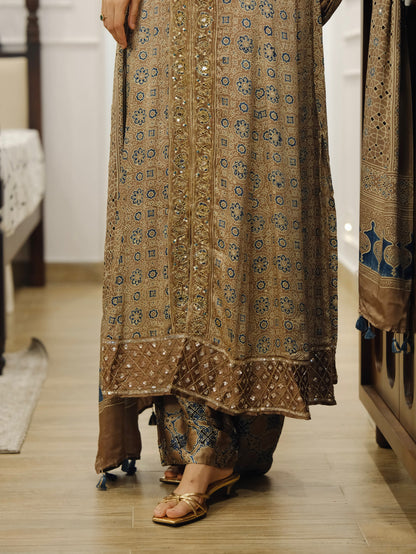 Ajrakh hand dyed hand block printed modal silk panel cut salwar set with cut bead handwork