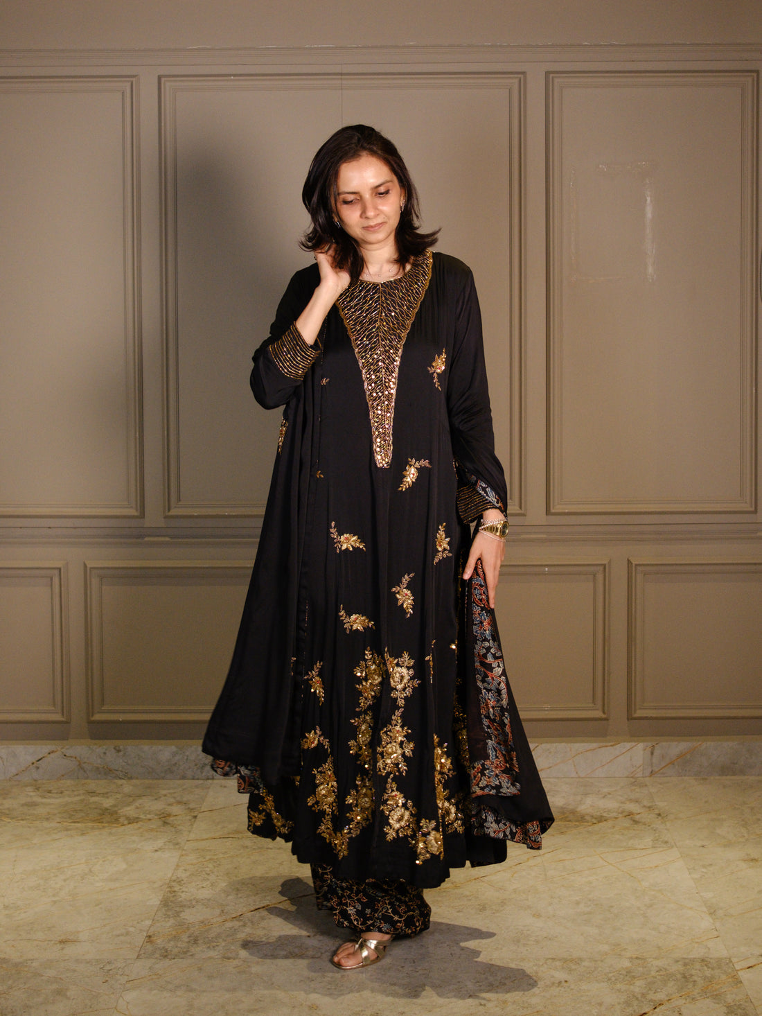 Ajrakh hand dyed hand block printed modal silk panel cut salwar set with cut bead handwork