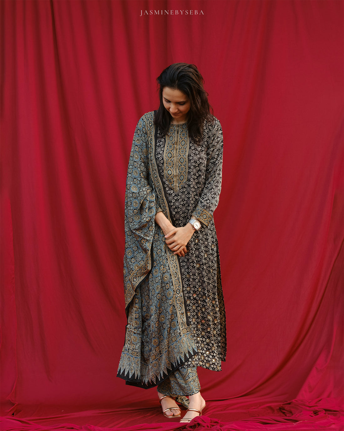 Ajrakh hand dyed hand block printed modal silk straight cut salwar set with cutbead handwork