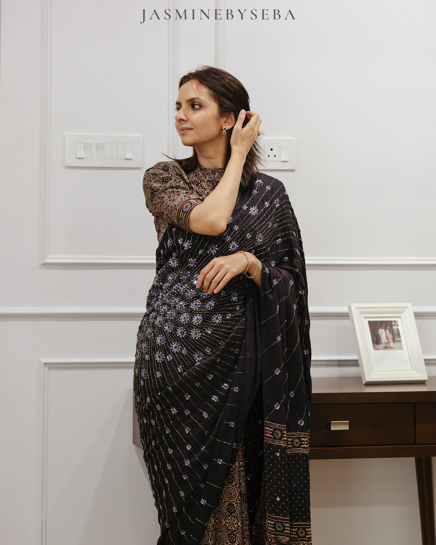 Ajrakh pure handloom gajji silk hand dyed, hand block printed and handworked saree