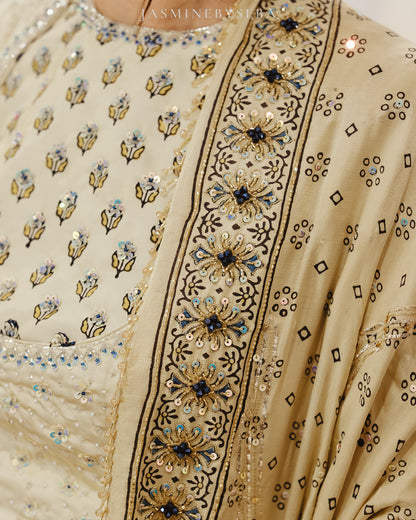 Custom made Ajrakh hand dyed hand block printed modal silk bridal lehenga set with pure handloom gajji silk dupatta detailed out with hand embroidry