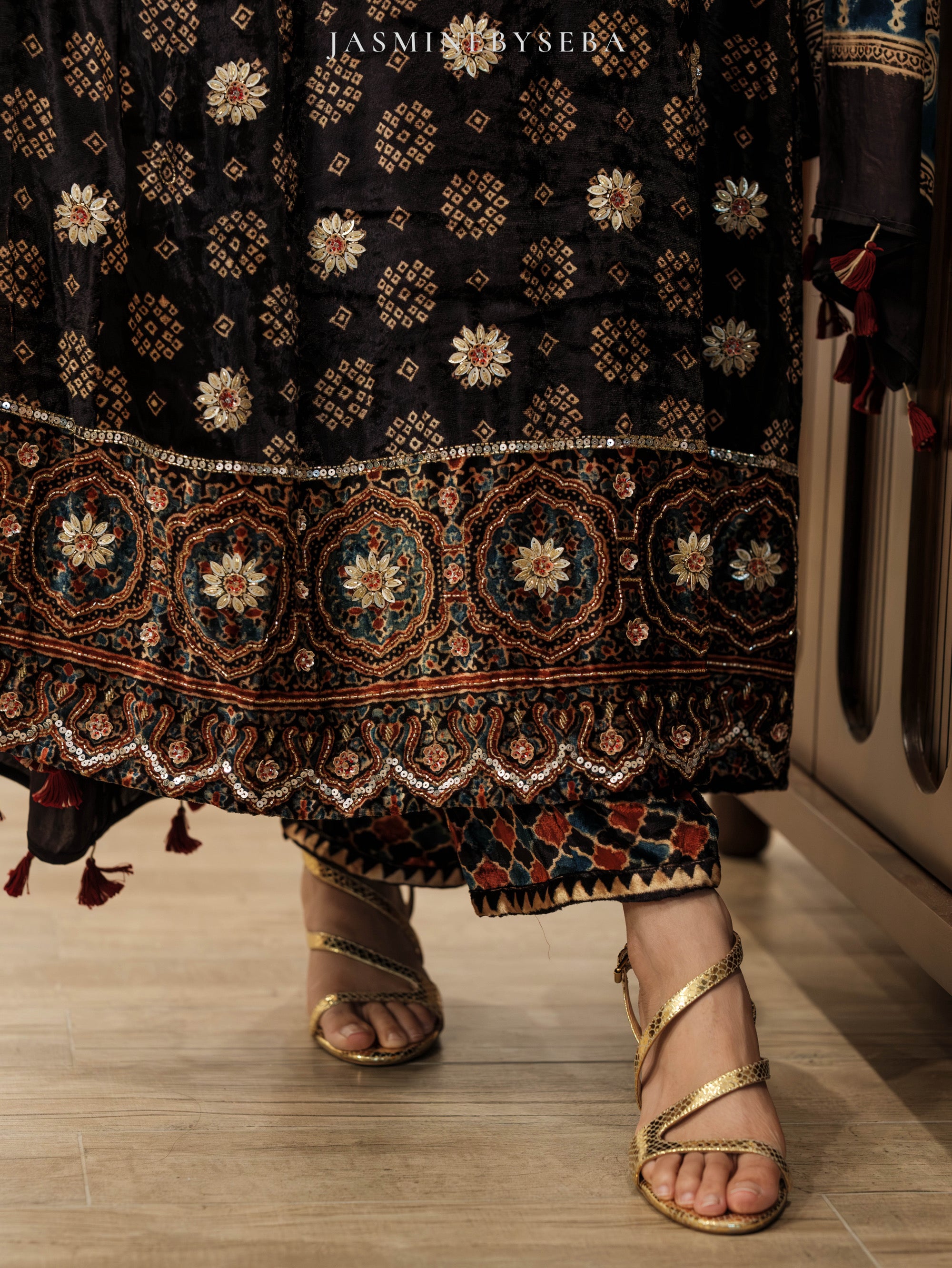 Ajrakh hand dyed hand block printed velvet silk panel cut salwar set with hand embroidry
