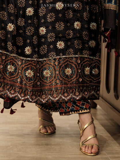 Ajrakh hand dyed hand block printed velvet silk panel cut salwar set with hand embroidry