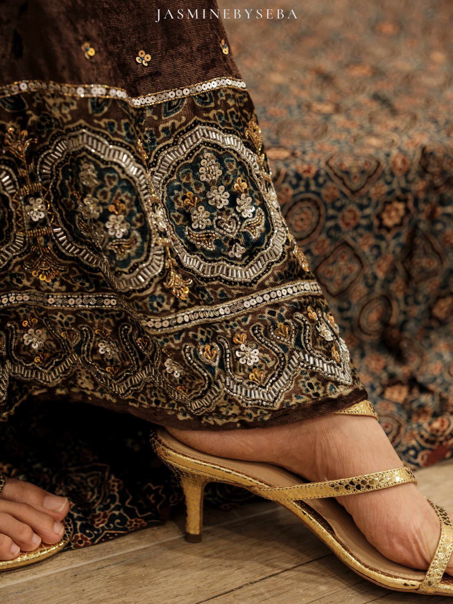 Ajrakh hand dyed hand block printed velvet silk salwar set with hand embroidry