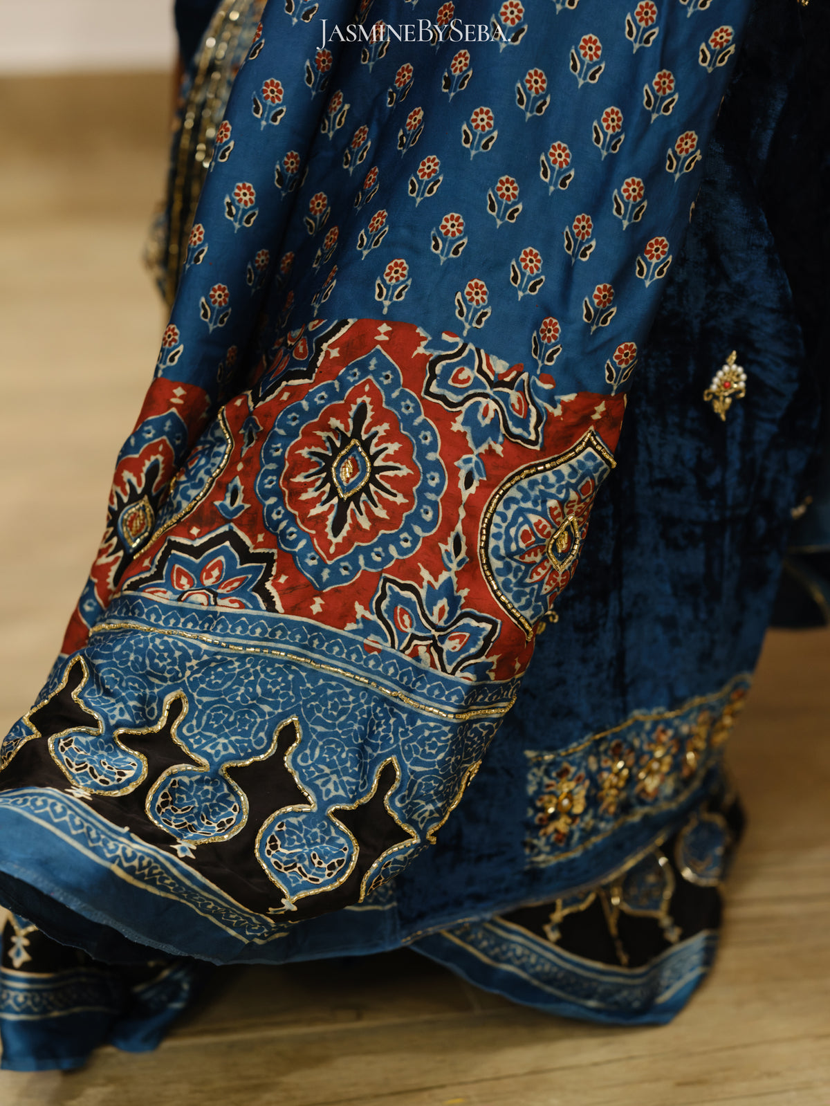 Ajrakh pure velvet silk hand dyed, hand block printed and handworked saree